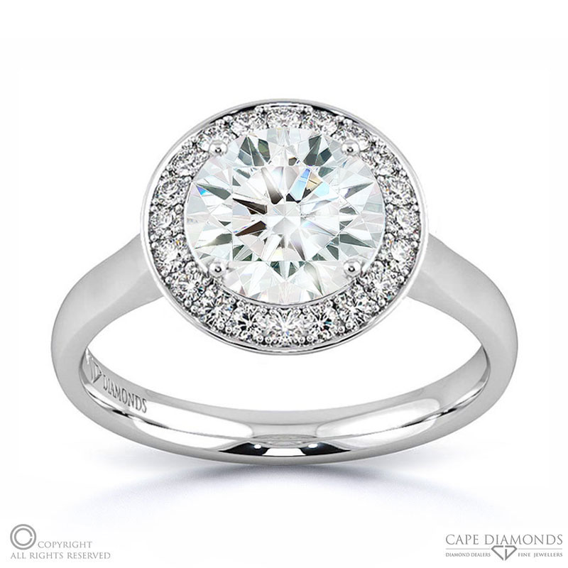 Pavé Tube Round Halo Designer Lab Grown Diamond Engagement Ring White Gold