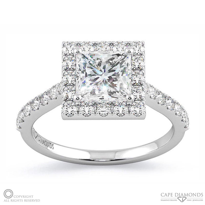 Unique Princess Cut Lab Grown Diamond Halo Engagement Ring White Gold