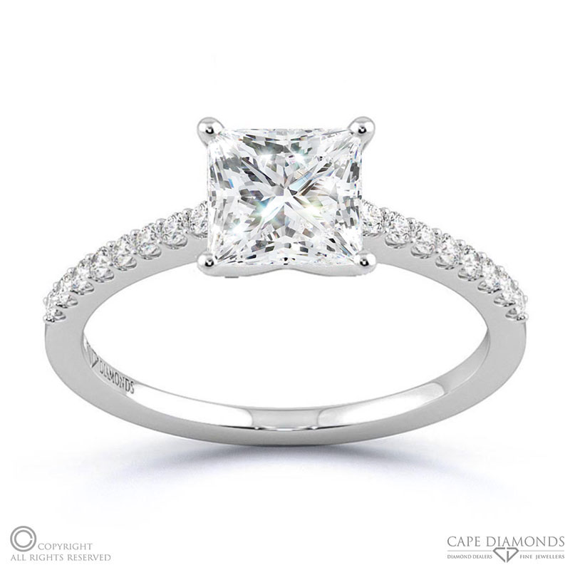 Side Stone Princess Cut Natural Diamond 4-Claw Engagement Ring White Gold Setting