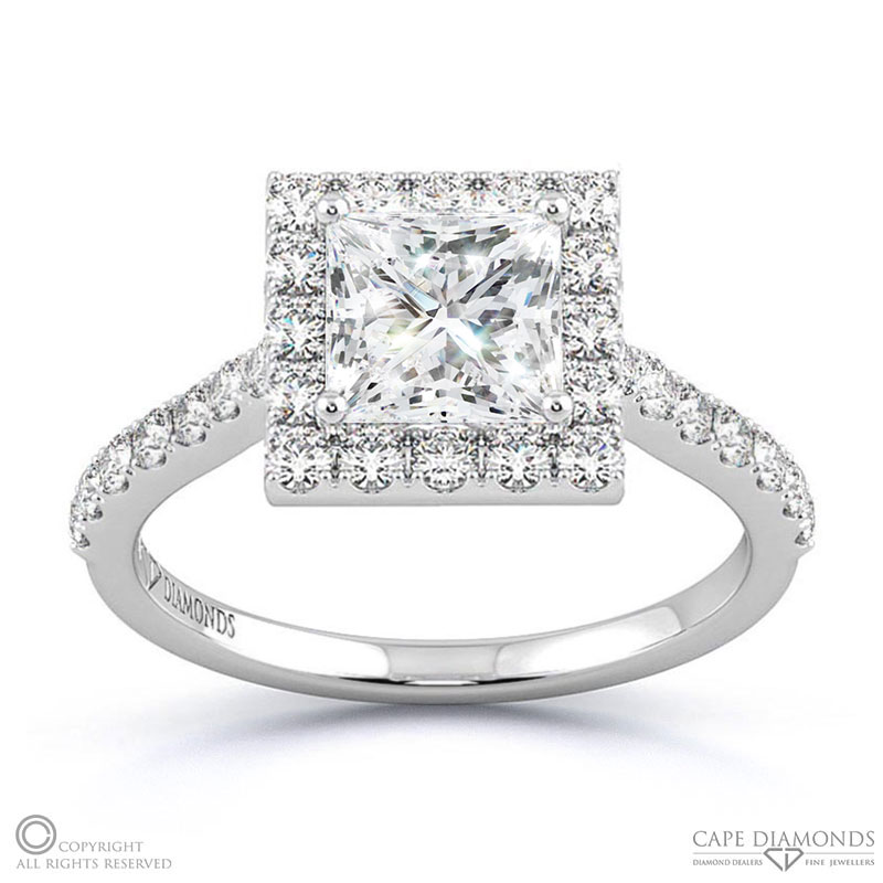 Princess Halo Lab Grown Diamond Engagement Ring White Gold Twist Claws