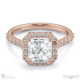 radiant lab grown diamond halo cathedral lab grown diamond engagement ring rose gold with pavé side diamonds with 9k rose gold metal and radiant shape diamond