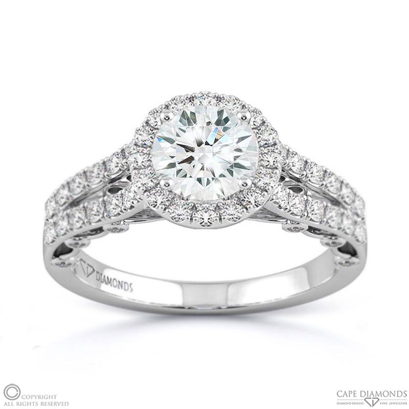 Round Ornate Split Pave Band Lab Grown Diamond Engagement Ring White Gold