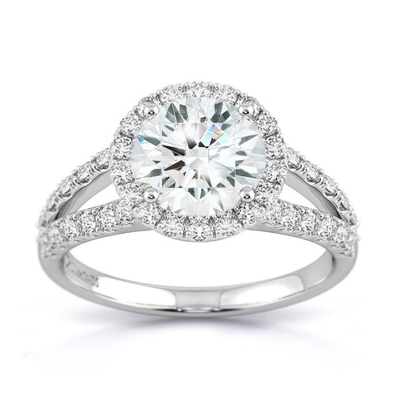Round Halo Pave Split Band Gold Lab Grown Diamond Engagement Ring White Gold