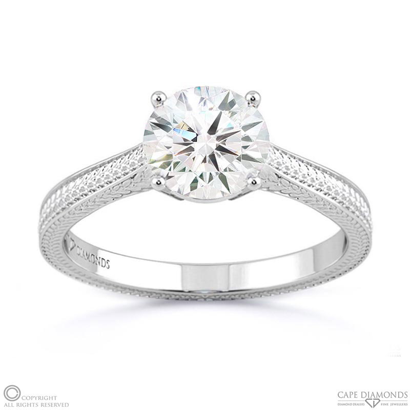 Detailed Engraved Natural Diamond Engagement Ring White Gold