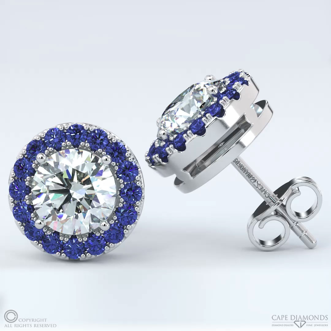 Natural Diamond And Small Tanzanite White Gold Halo Earrings