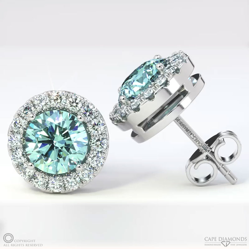 Lab Blue Diamond White Gold Halo Earrings