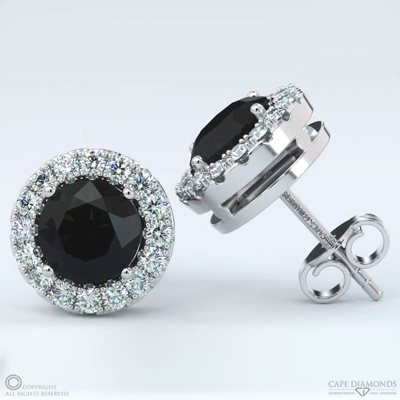 Natural Black Diamond And Small Diamond Halo White Gold Earrings