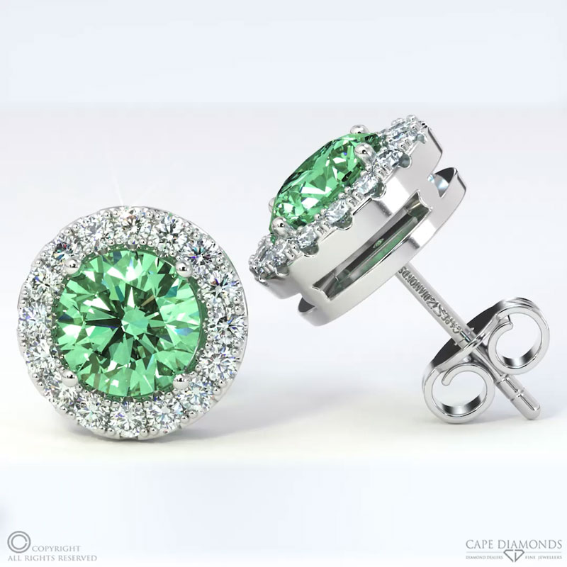 Lab Green Diamond And Small Diamond Halo White Gold Earrings