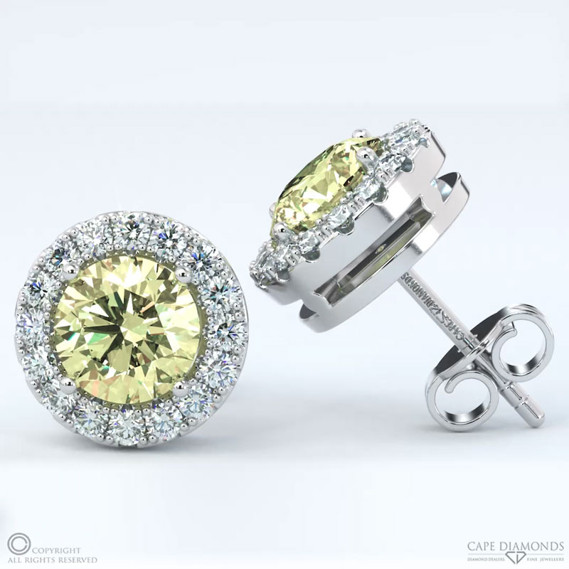 Yellow Diamond And Small Diamond White Gold Halo Earrings