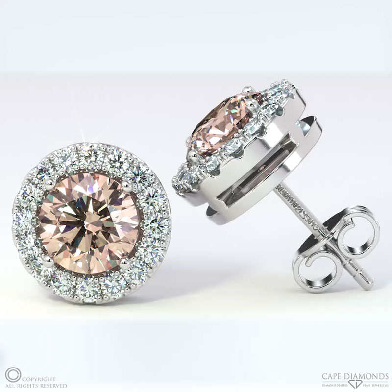 Lab Pink Diamond And Small Diamond Halo White Gold Earrings