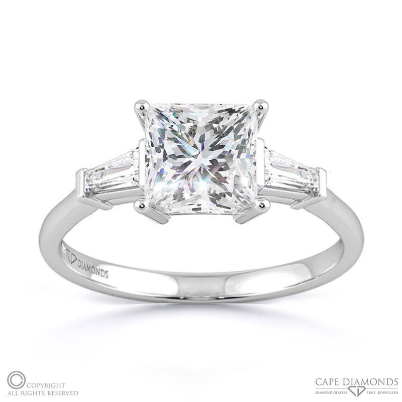 Baguette Princess Cut 3 Stone Lab Grown Diamond Engagement Ring White Gold