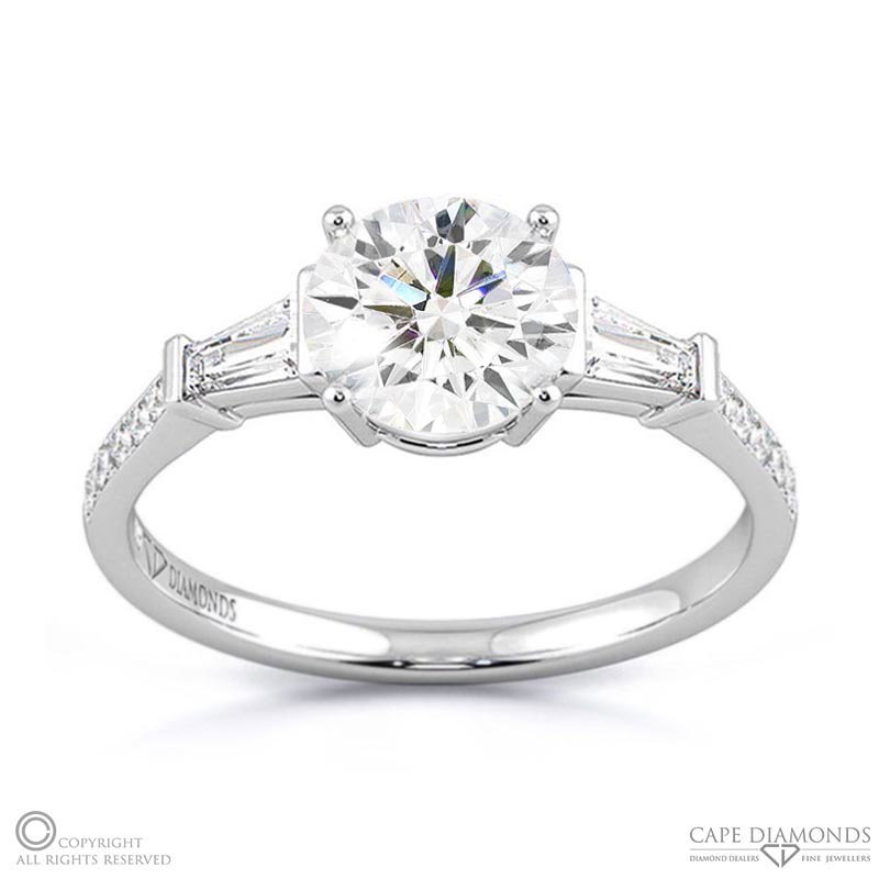 Trilogy Round Lab Grown Diamond Engagement Ring White Gold With Baguette Side Lab Grown Diamonds