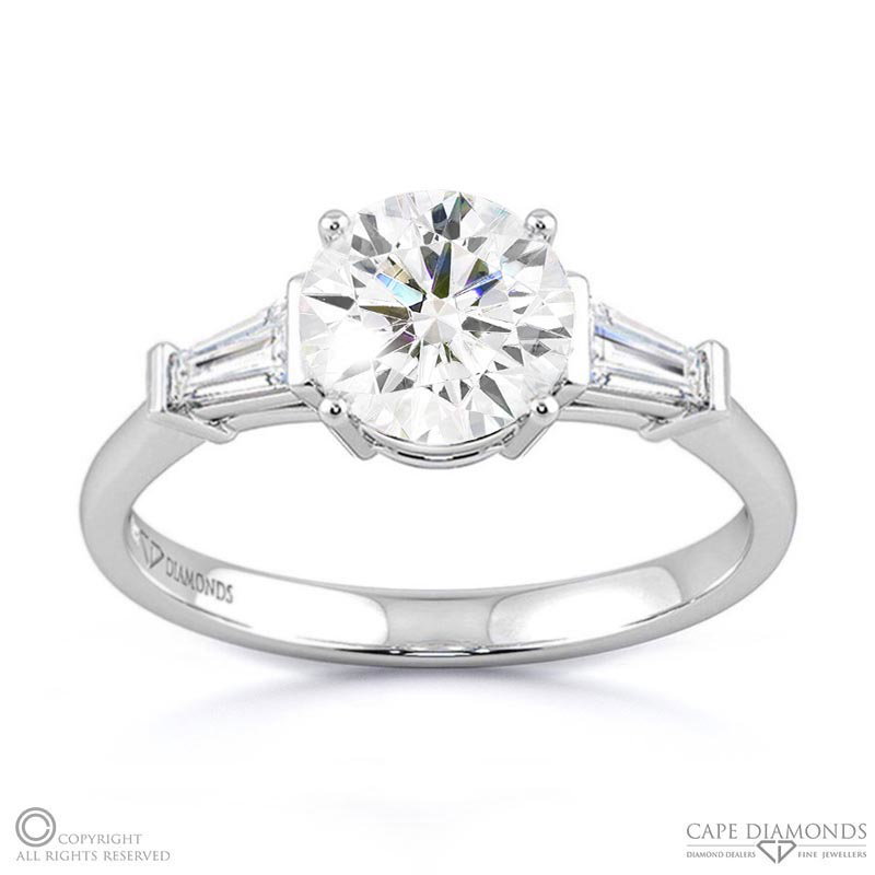 A Unique Round Lab Grown Diamond Engagement Ring White Gold With Baguette Side Diamonds