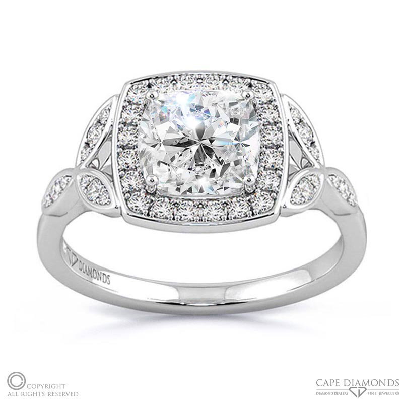 Cushion Leaf Halo Natural Diamond Engagement Ring White Gold