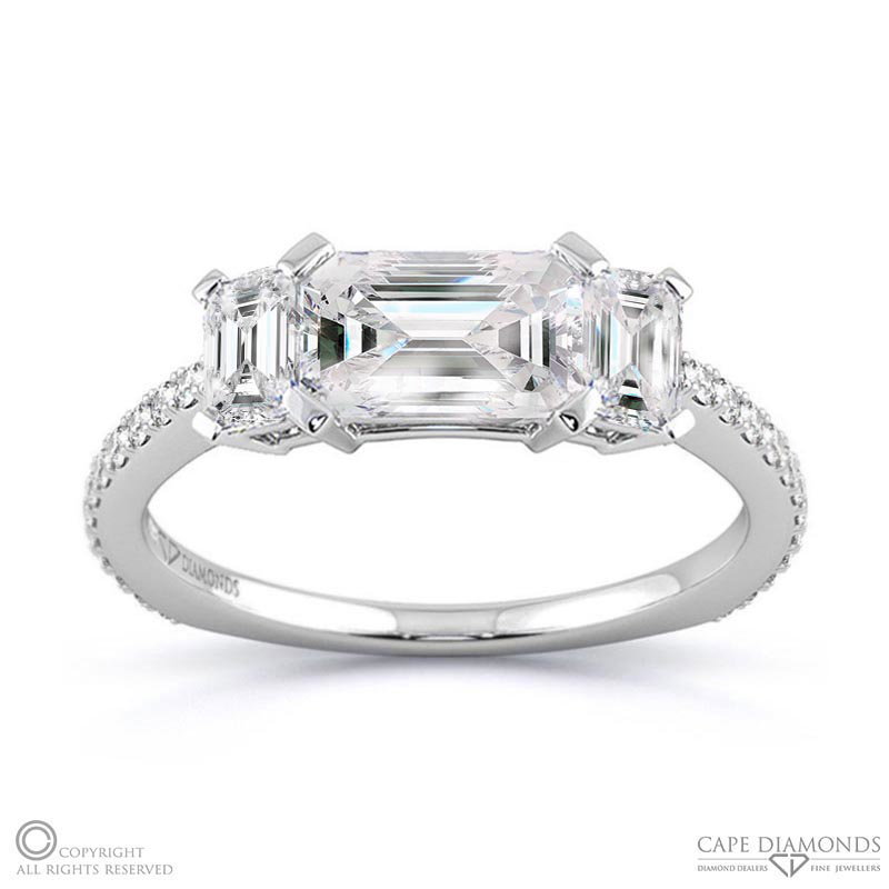 Emerald Cut 3 Lab Grown Diamond Trilogy Engagement Ring White Gold