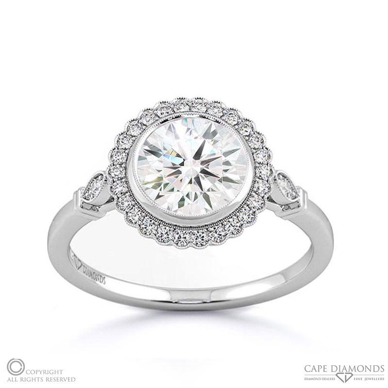 Floral Tube Set Lab Grown Diamond Halo Engagement Ring White Gold