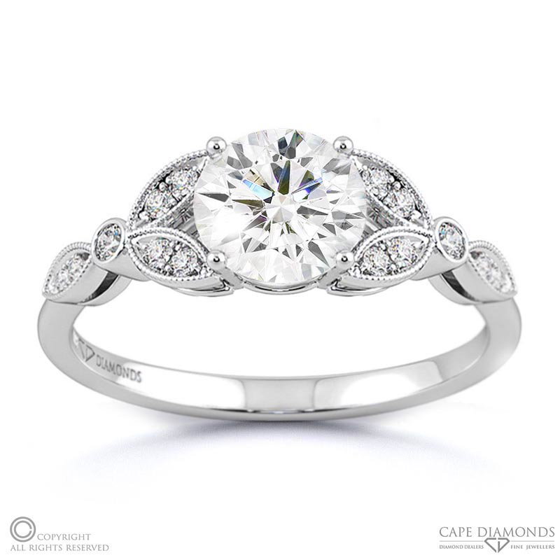 Solitaire 4 Claw Filigree Natural Diamond Engagement Ring White Gold