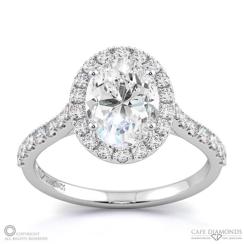 Lab Grown Diamond Oval Halo Side Stones Engagement Ring White Gold