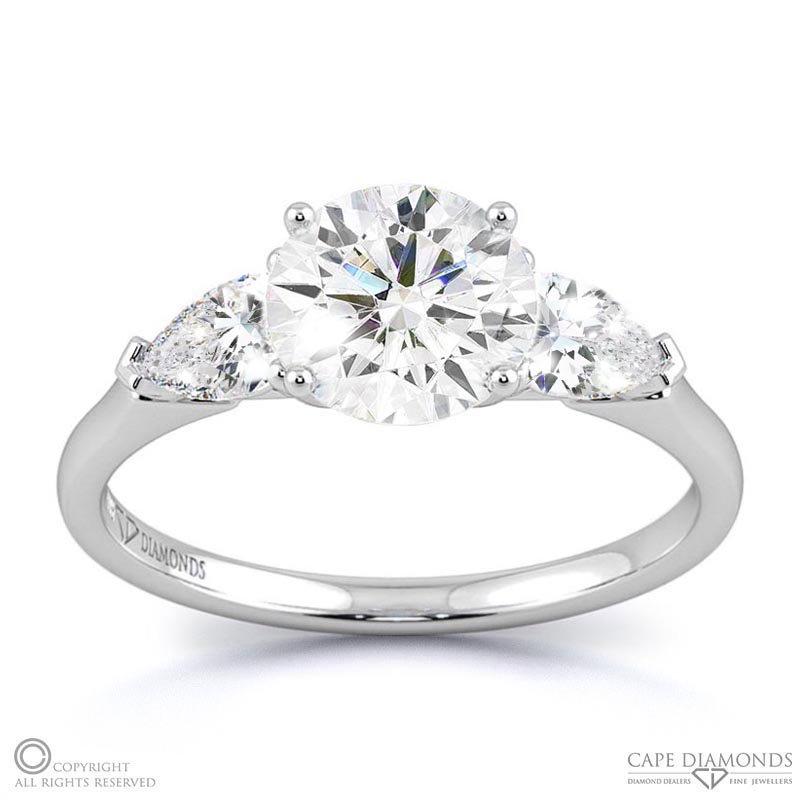 Trilogy Round Pear Side Stones Lab Grown Diamond Engagement Ring White Gold