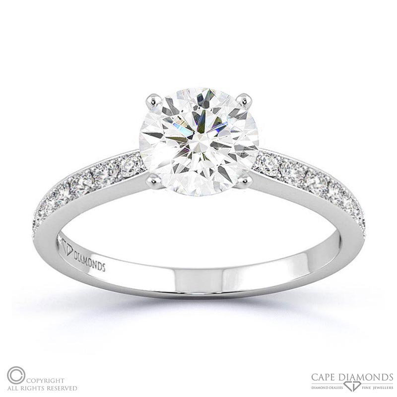 Round Solitaire Stone Pave 4-Claw Setting Natural Diamond Engagement Ring White Gold