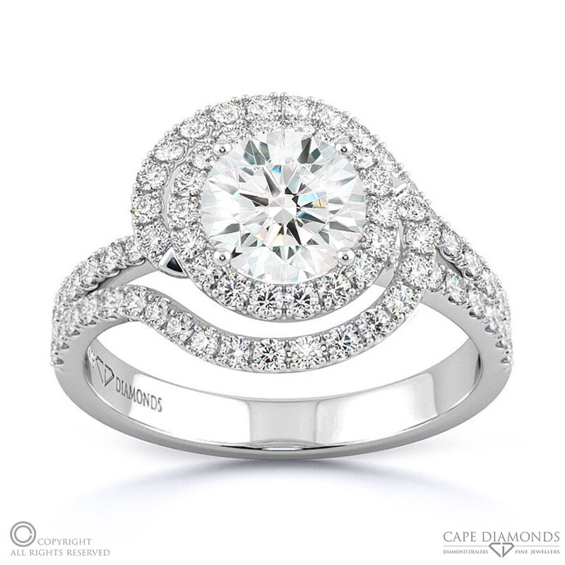 Round Lab Grown Diamond Ring White Gold With A Double Twist Pavé