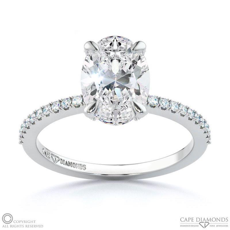 Four Claw Hidden Halo Brilliant Oval Lab Grown Diamond Engagement Ring White Gold With Petit Pavé Diamonds