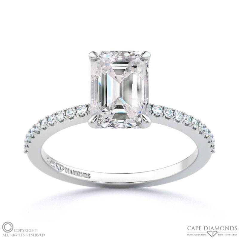 Emerald Lab Grown Diamond Four-Claw Hidden Halo Engagement Ring White Gold With Pavé Side Diamonds