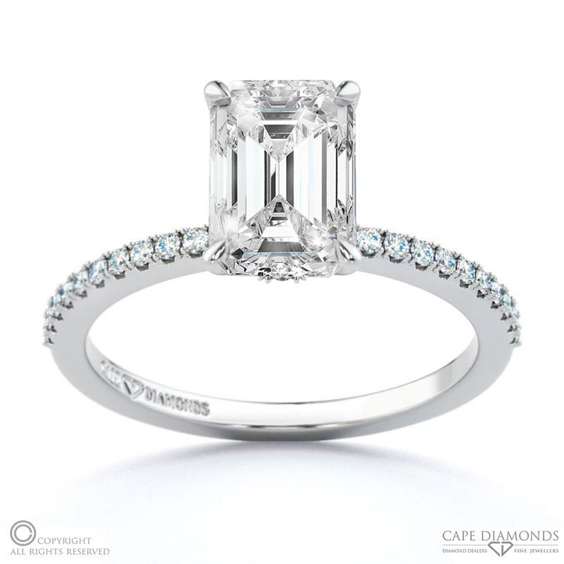 Double Hidden Halo 4-Claw Emerald Lab Grown Diamond Engagement Ring White Gold With Pavé Side Diamonds