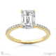 emerald lab grown diamond chalice engagement ring yellow gold with a double diamond halo and petit side diamonds with 9k yellow gold metal and emerald shape diamond