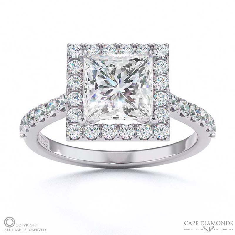 Princess Lab Grown Diamond Halo Cathedral Lab Grown Diamond Engagement Ring White Gold With Pavé Side Diamonds
