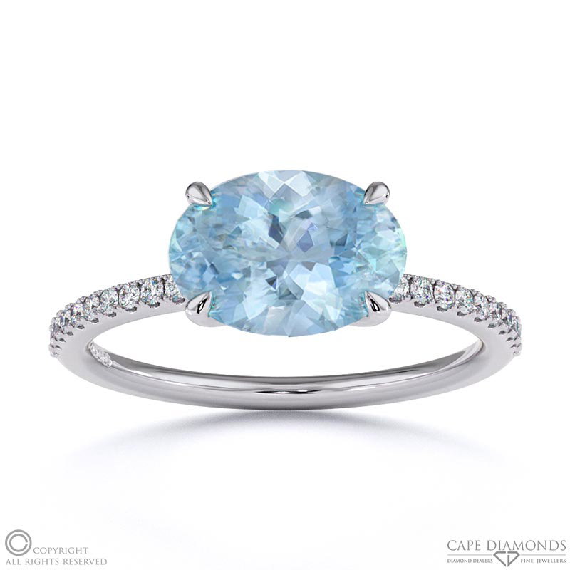 Aquamarine East West Oval Cut Sidestones Engagement Ring White Gold
