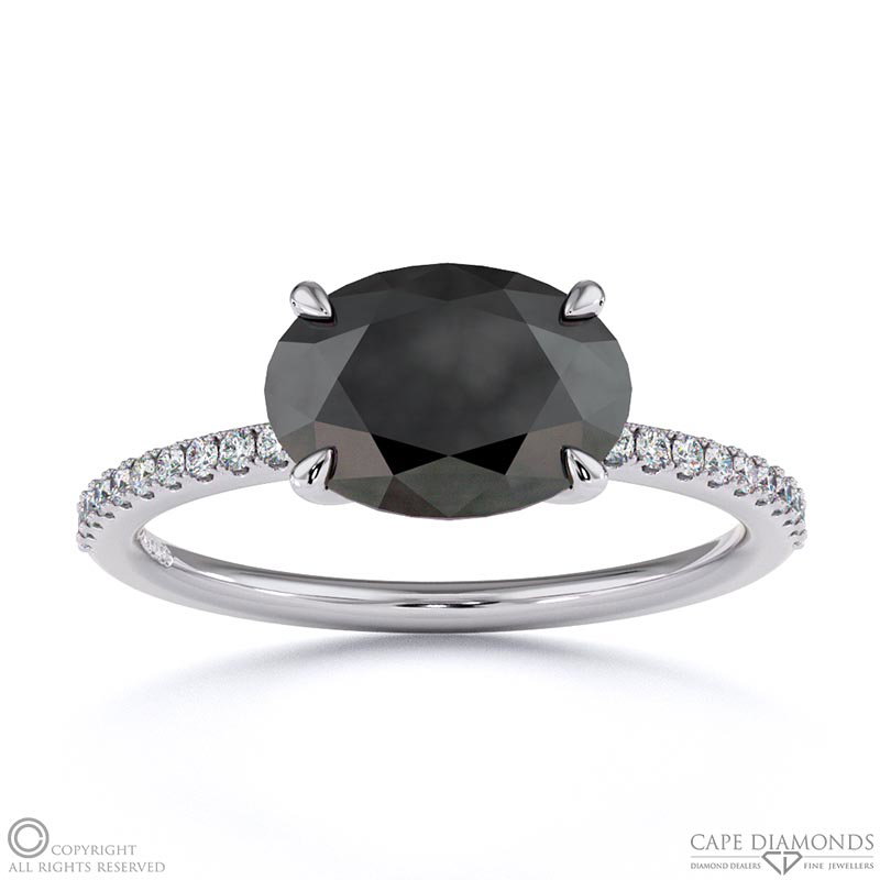 Black Lab Grown Diamond East West Oval Cut Sidestones Engagement Ring White Gold