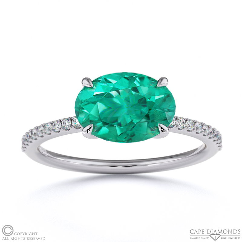 Emerald East West Oval Cut Sidestones Engagement Ring White Gold