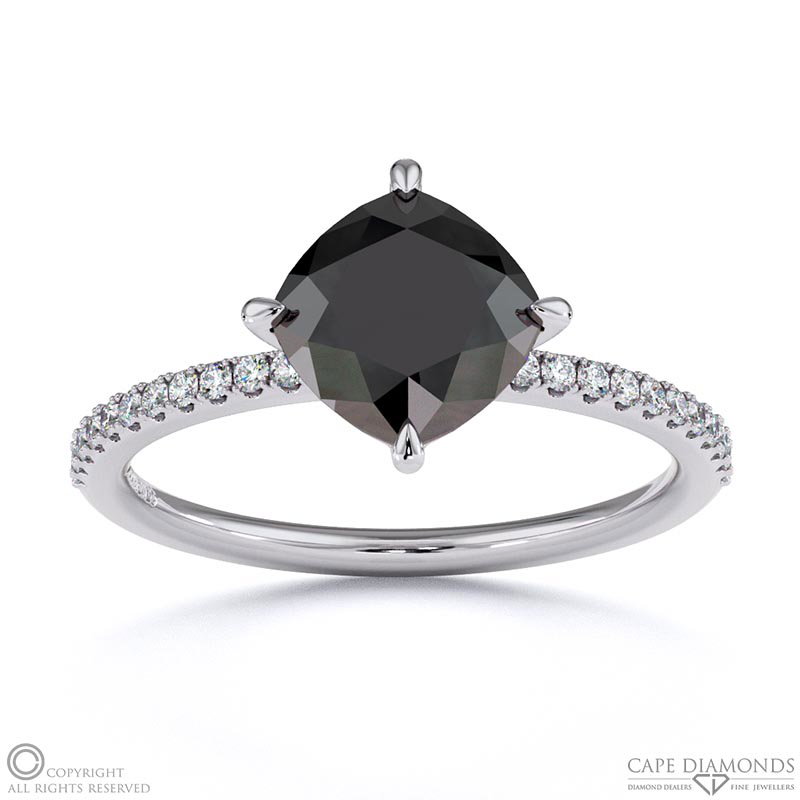 Black Lab Grown Diamond Cushion Cut Pave  Engagement Ring White Gold