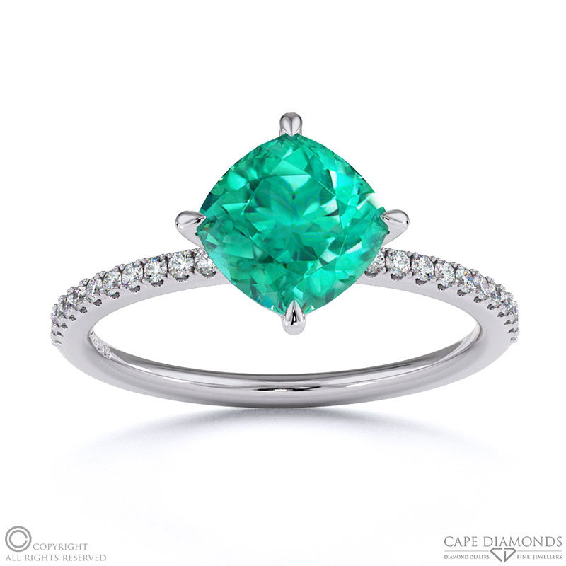 Emerald Cushion Cut Pave Engagement Ring White Gold