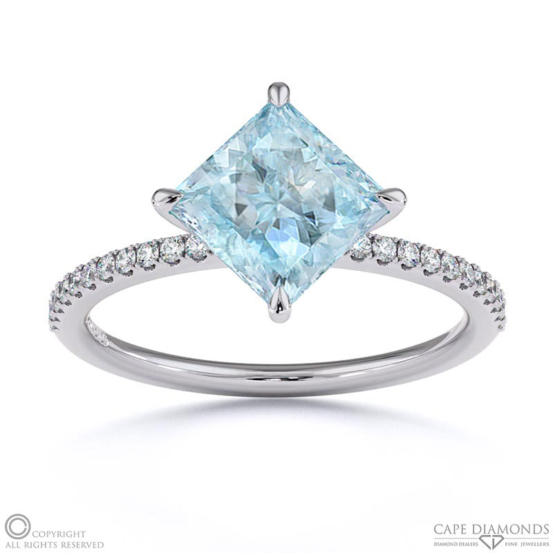 Aquamarine East West Princess Cut Sidestones Engagement Ring White Gold