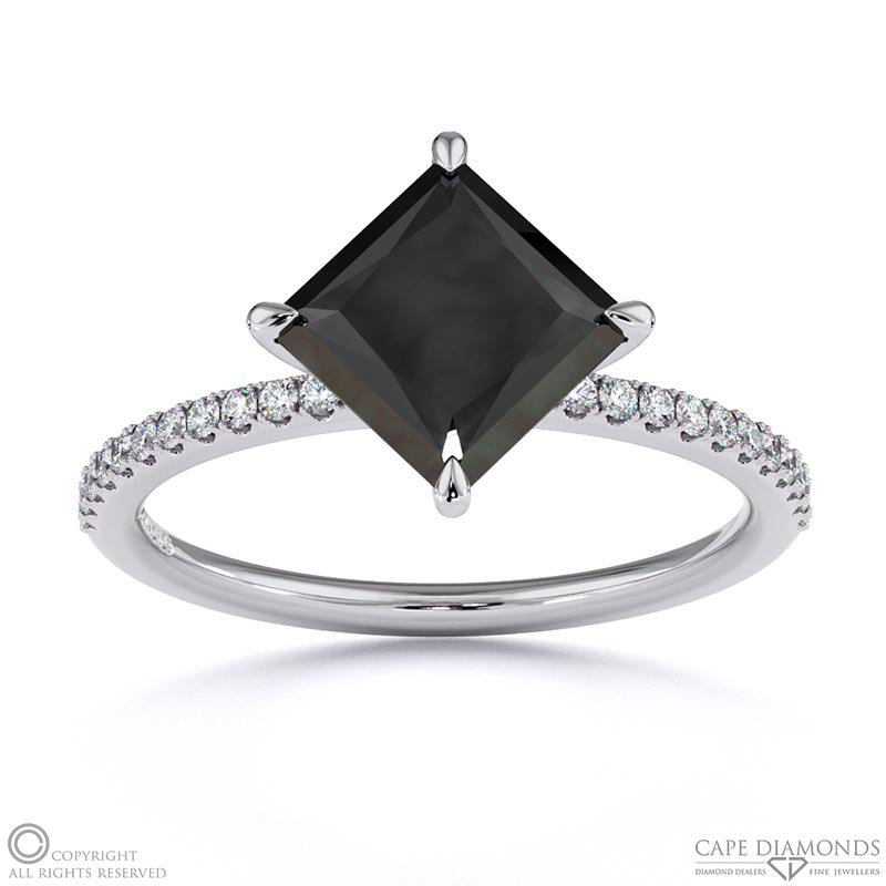 Black Lab Grown Diamond East West Princess Cut Sidestones Engagement Ring White Gold