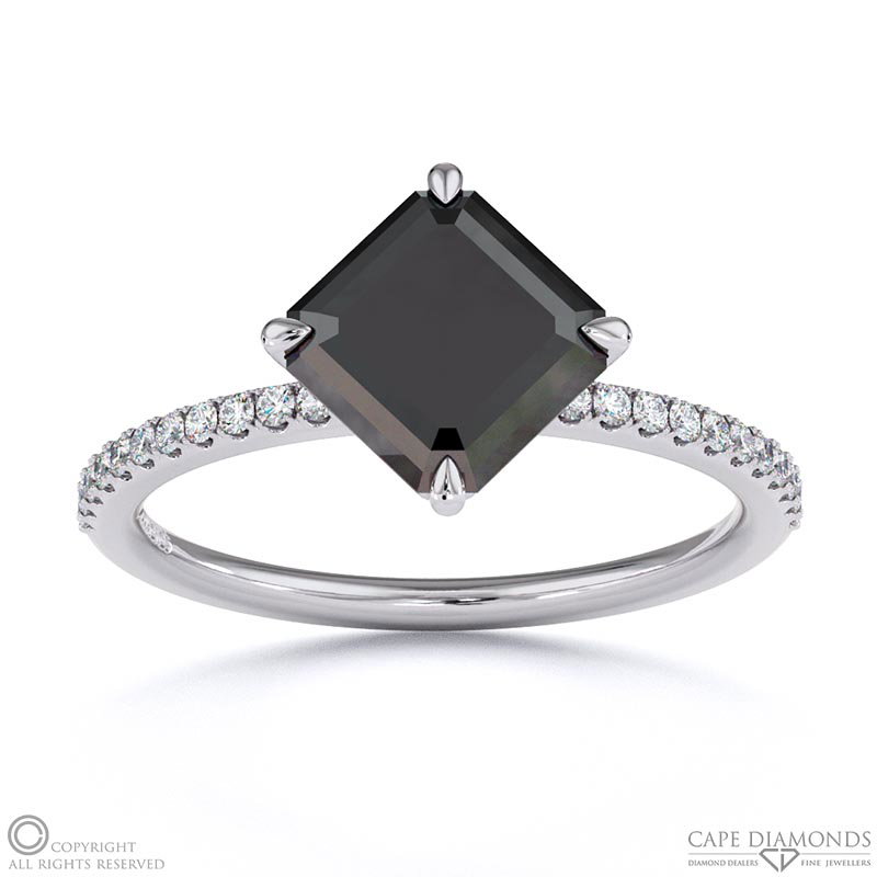 Black Lab Grown Diamond Asscher East West Side Stone Engagement Ring White Gold
