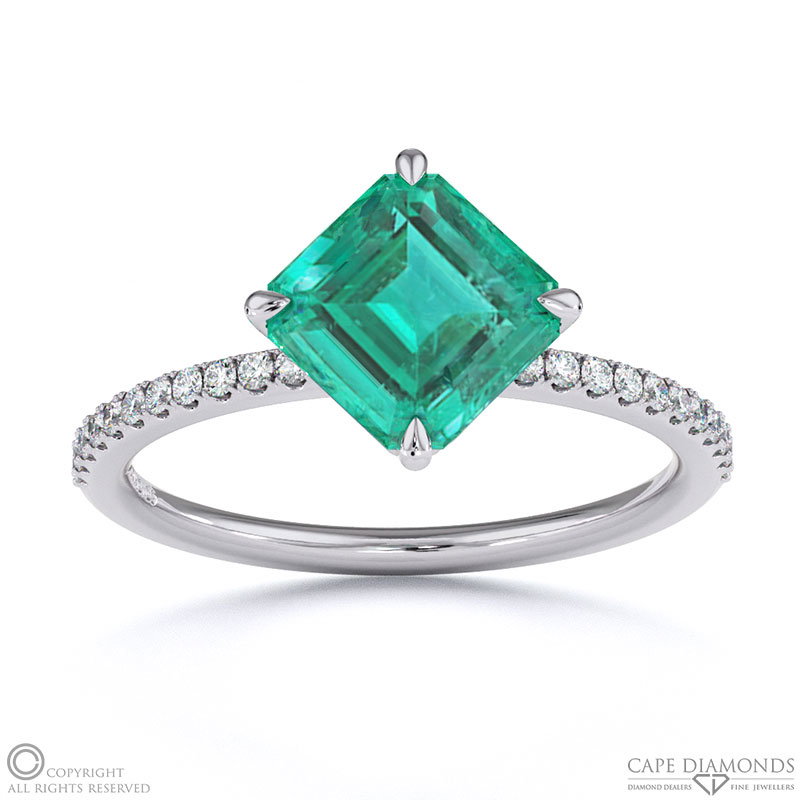 Emerald Asscher East West Side Stone Engagement Ring White Gold