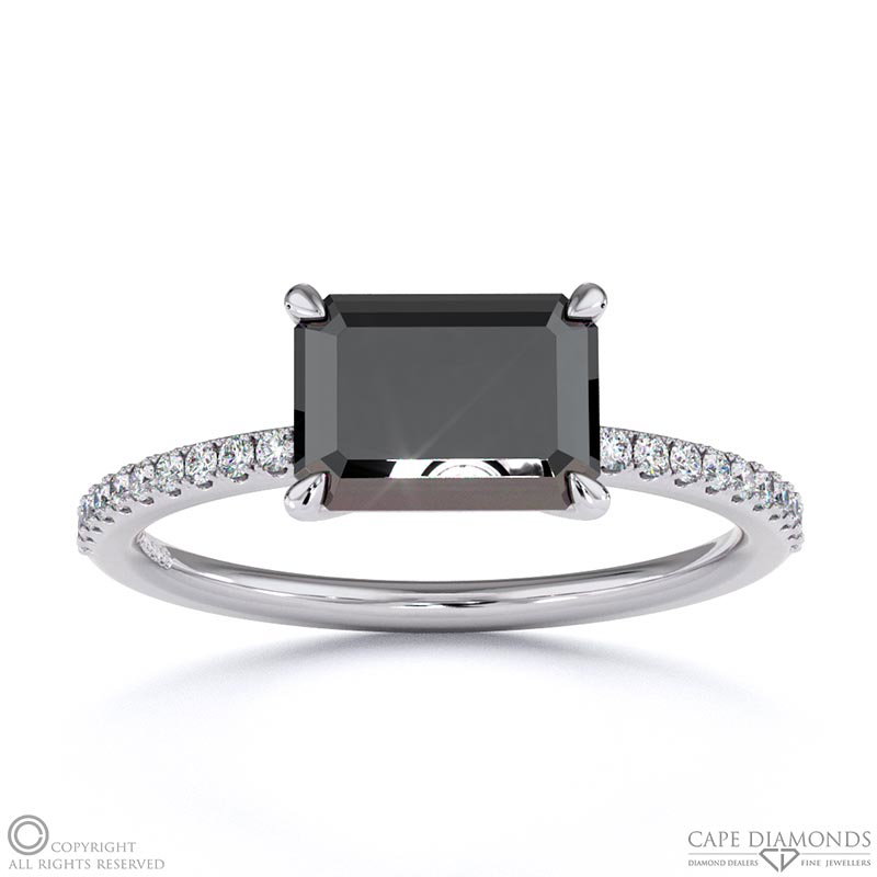 Black Lab Grown Diamond Emerald Cut Pave East To West Engagement Ring White Gold