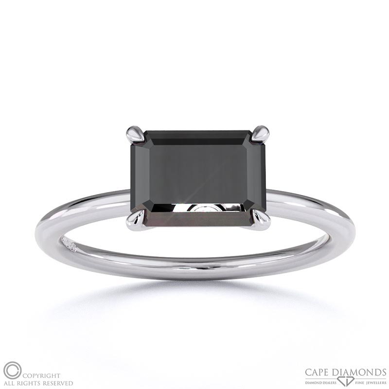Black Lab Grown Diamond East West Emerald Cut Solitaire Engagement Ring White Gold
