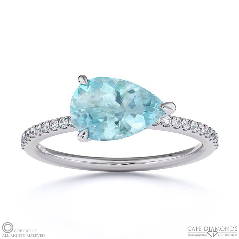 Aquamarine East West Pear Side Stones Engagement Ring White Gold