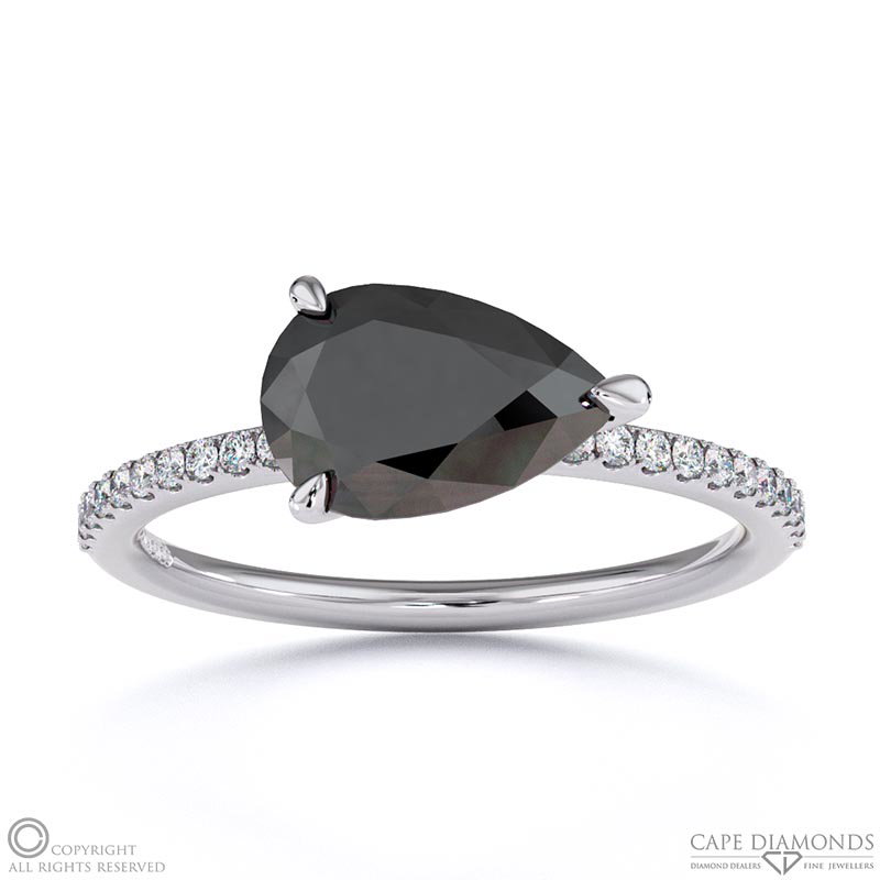 Black Lab Grown Diamond East West Pear Side Stones Engagement Ring White Gold