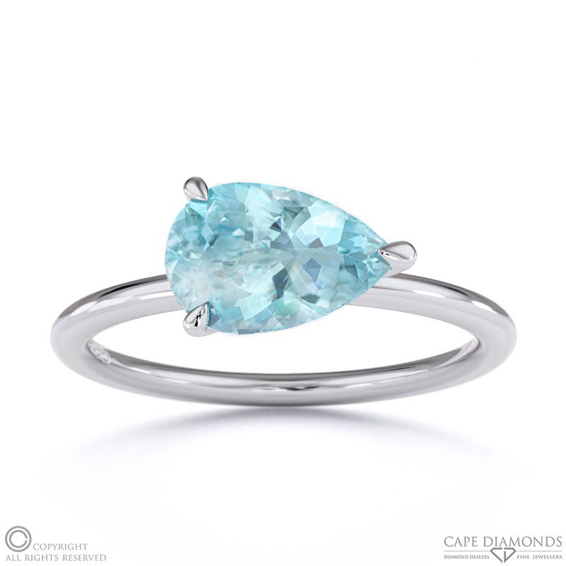 Aquamarine East West Pear Cut Solitaire Engagement Ring White Gold