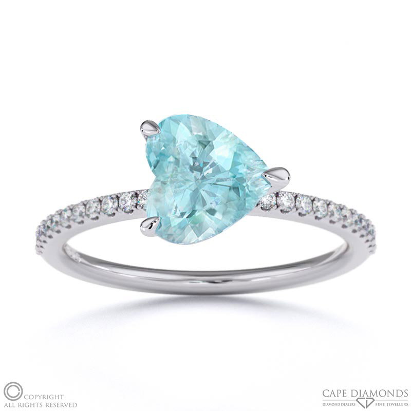 Aquamarine East West Heart Cut Sidestones Engagement Ring White Gold