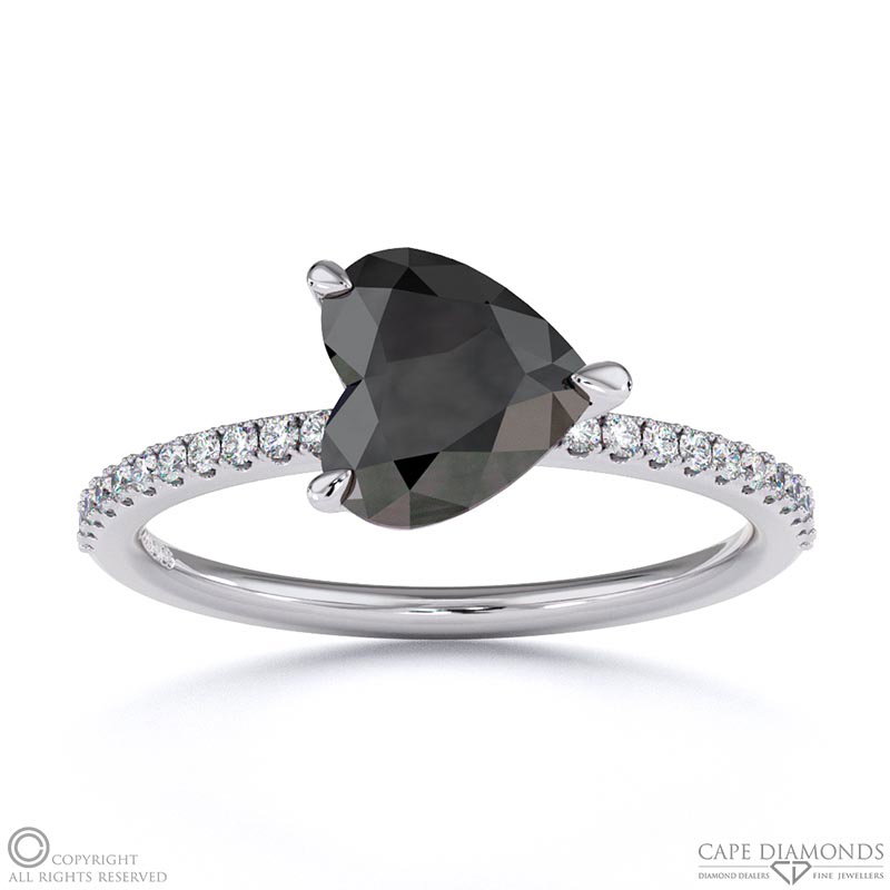 Black Lab Grown Diamond East West Heart Cut Sidestones Engagement Ring White Gold