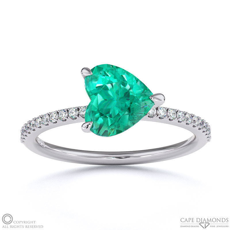 Emerald East West Heart Cut Sidestones Engagement Ring White Gold