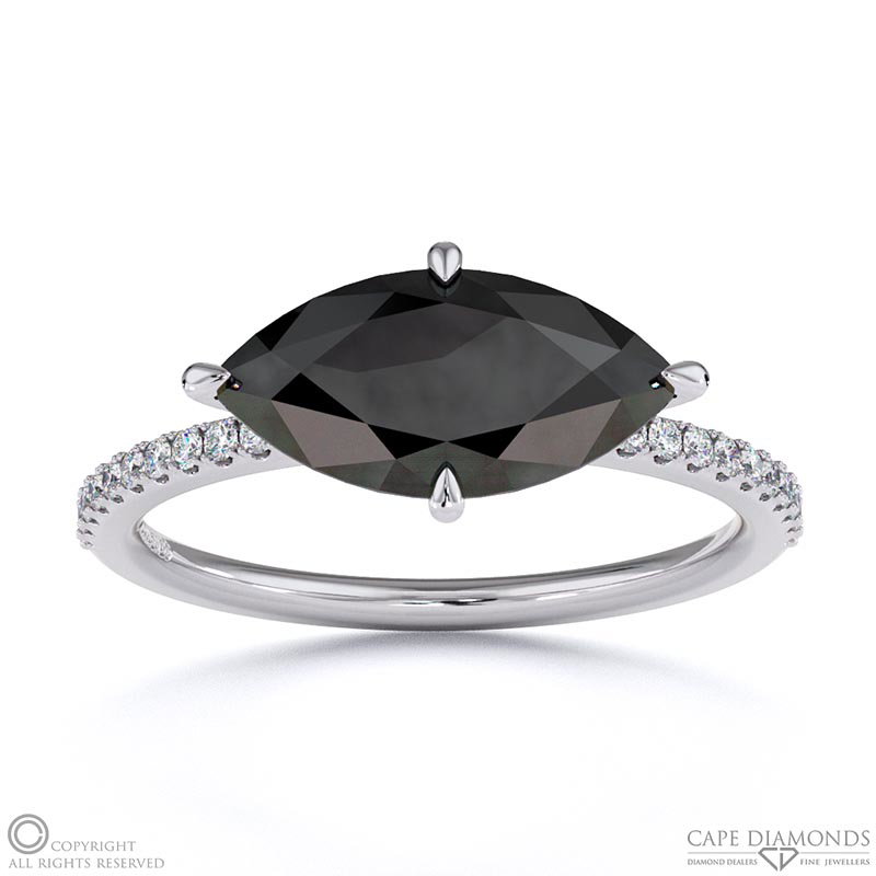 Black Lab Grown Diamond East West Marquise Sidestones Engagement Ring White Gold