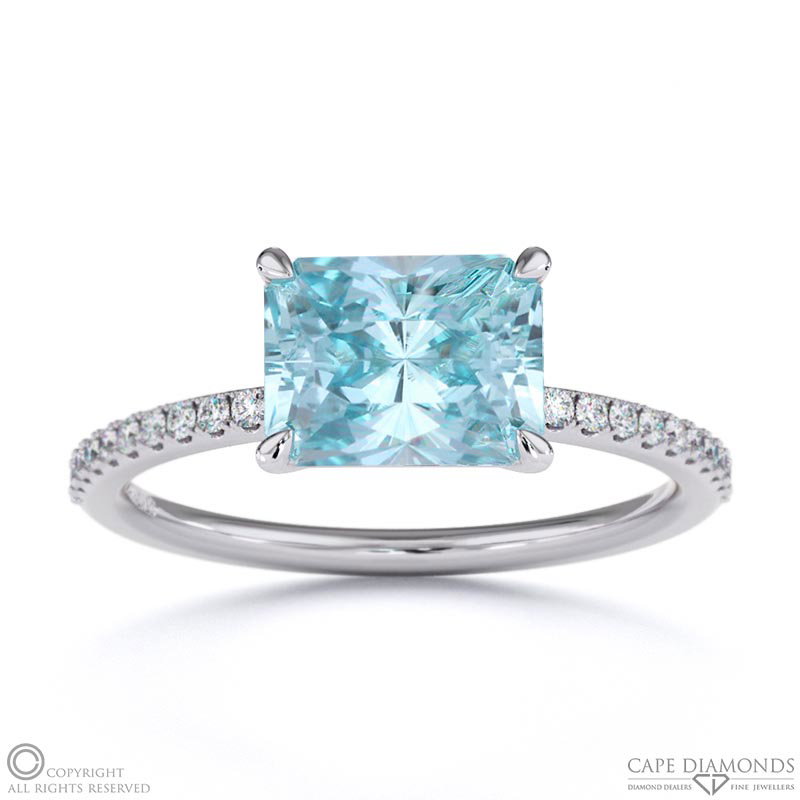 Aquamarine East West Radiant Cut Side Stones Engagement Ring White Gold