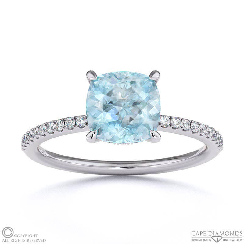 Aquamarine Cushion Cut Hidden Halo Side Stones Engagement Ring White Gold